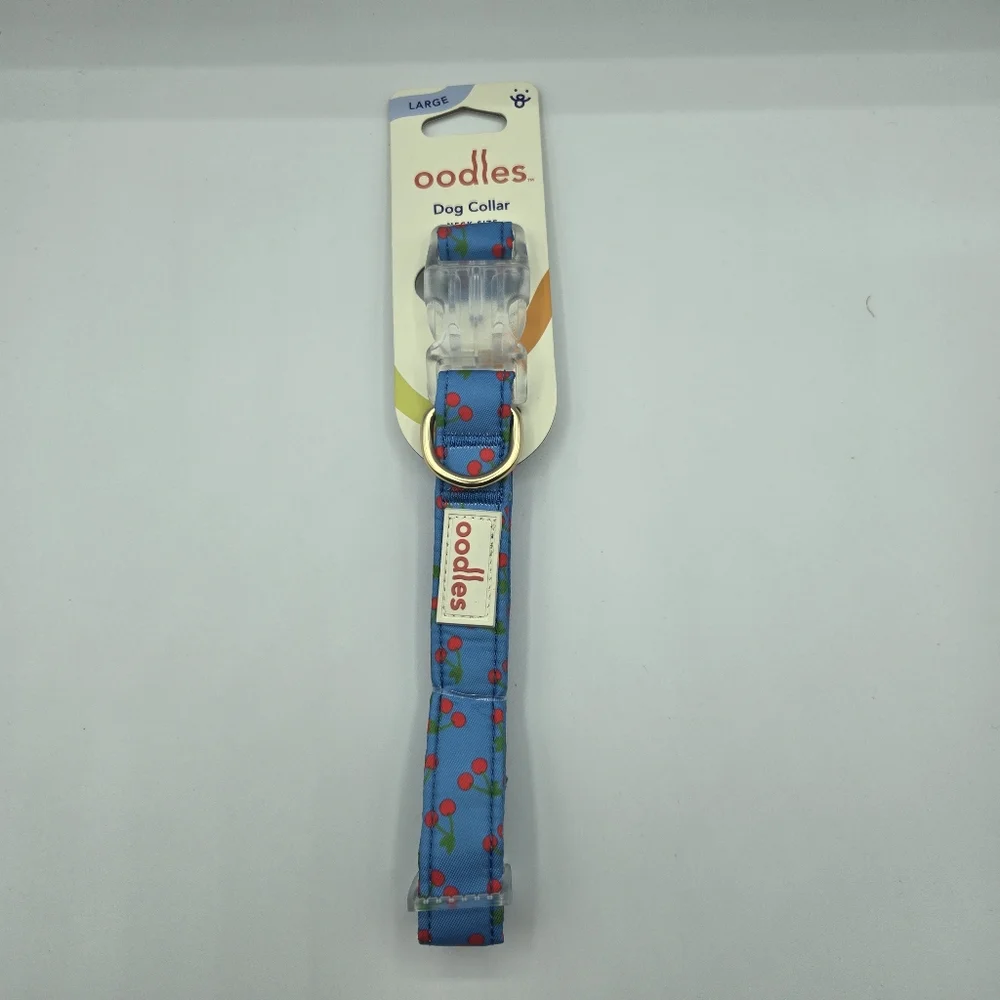 Oodles Blue Tart Cherries Adjustable Fashion Dog Collar, Large Neck Size 17